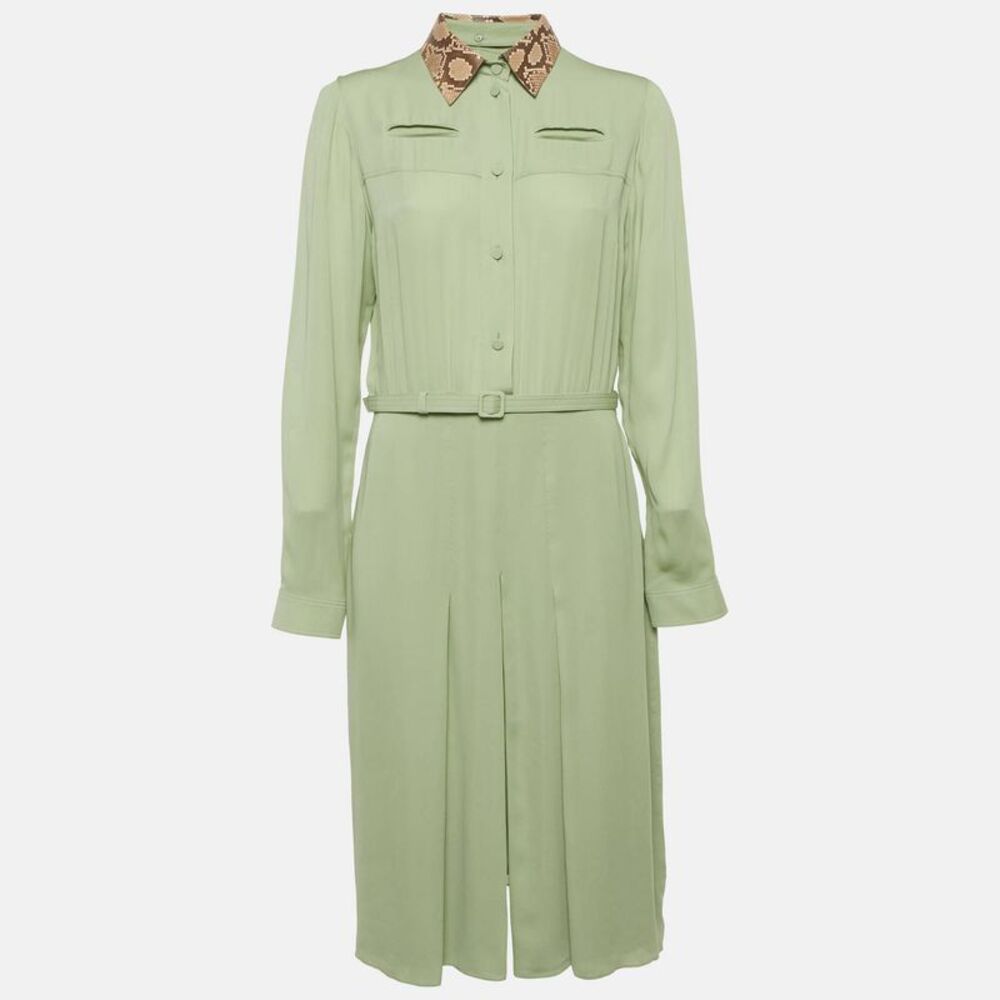 Gucci Green Leather Trim Silk Midi Dress L